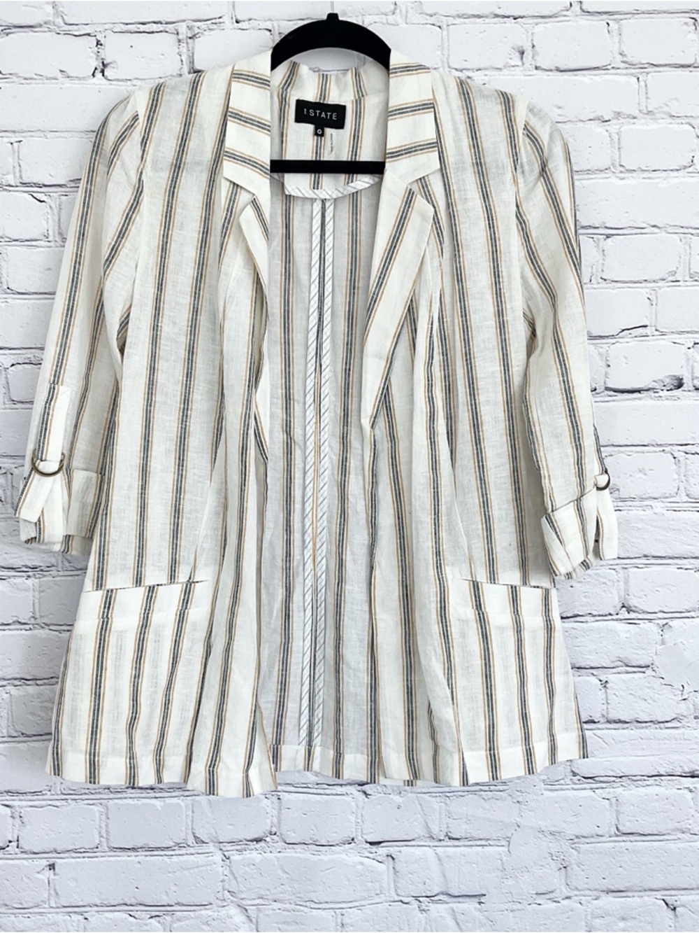 New 1. State Linen Blazer Striped Open Front Size 0